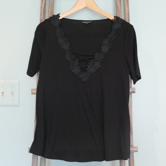 Topshop Black T-Shirt with Lace V-Neck - Picture 1 of 4